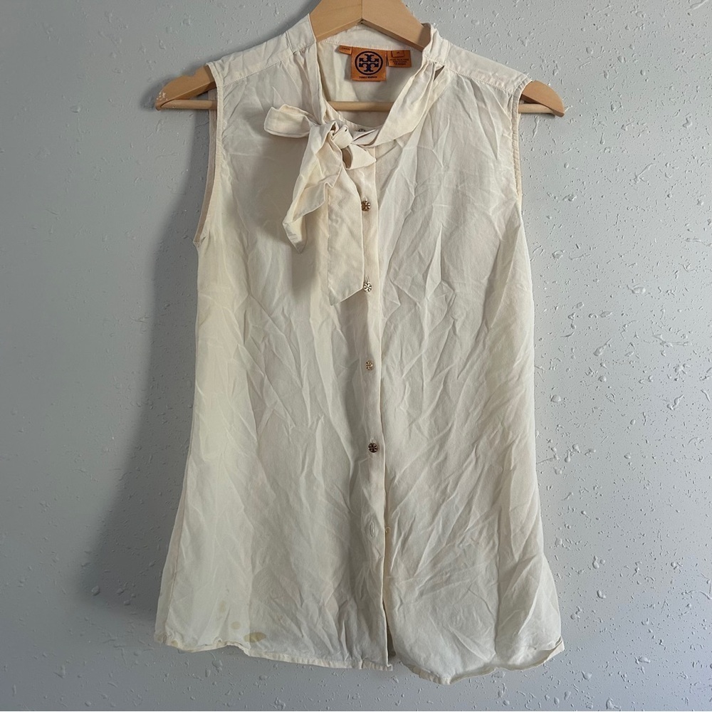 Tory Burch Cream Sleeveless Blouse with Bow 100% Silk Neutral Classic Preppy 14